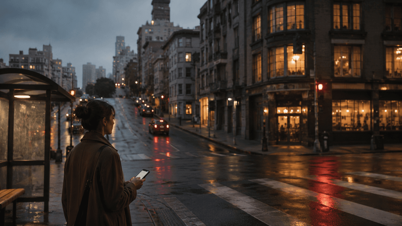 Cinematic editorial city scene for The City as Character writing course