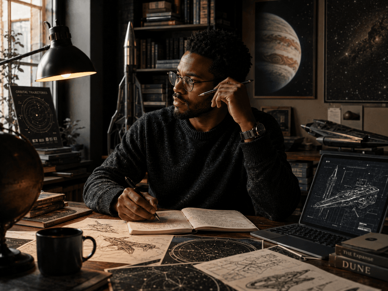 A cinematic science-fiction writing studio with futuristic posters and a professional editorial atmosphere.