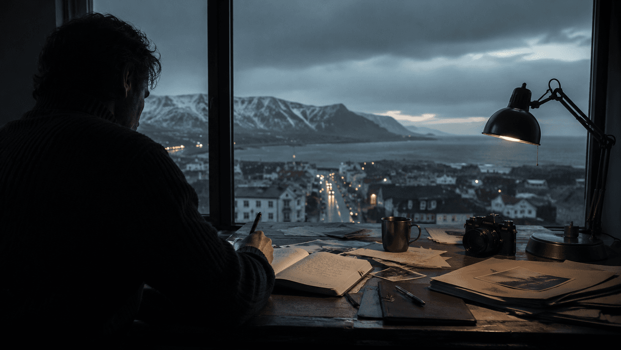 Moody detective and noir writing scene with shadows, evidence, and a writer's desk.