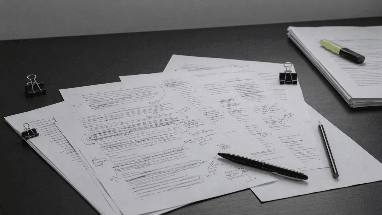 Revision studio with manuscript pages, editorial notes, and a focused writing workspace.