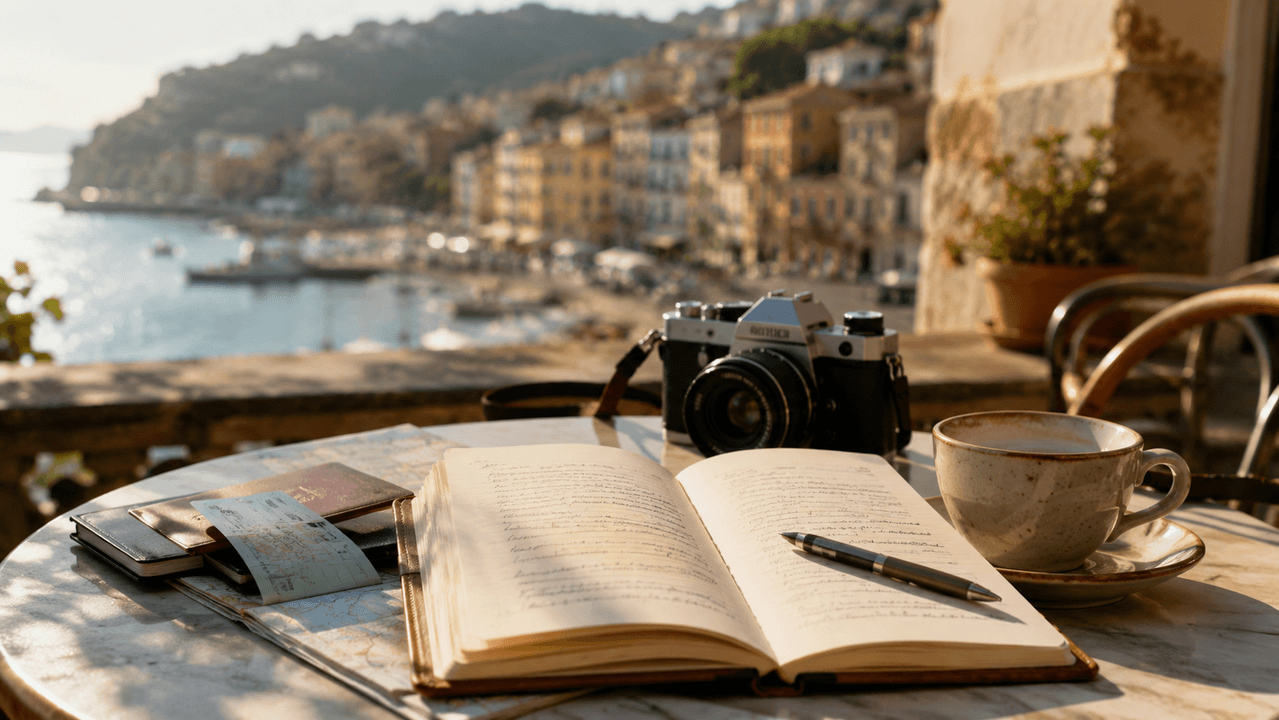 Travel writer composing notes with maps, luggage, and warm journey details nearby.