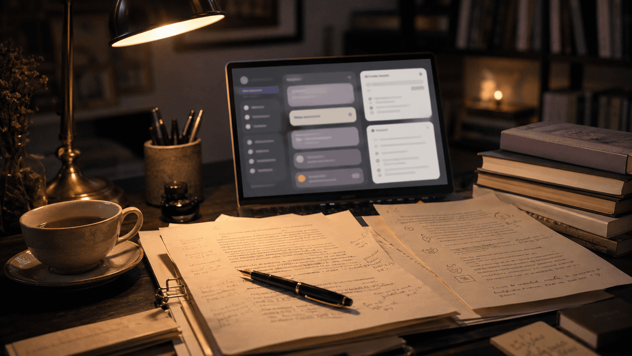 Writer learning AI fundamentals with notes and a laptop